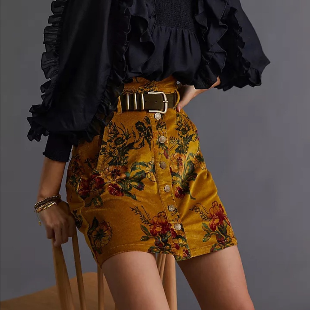 Anthropologie Pilcro Floral Corduroy Mini Skirt Mustard Yellow Boho 70s 14 NEW
